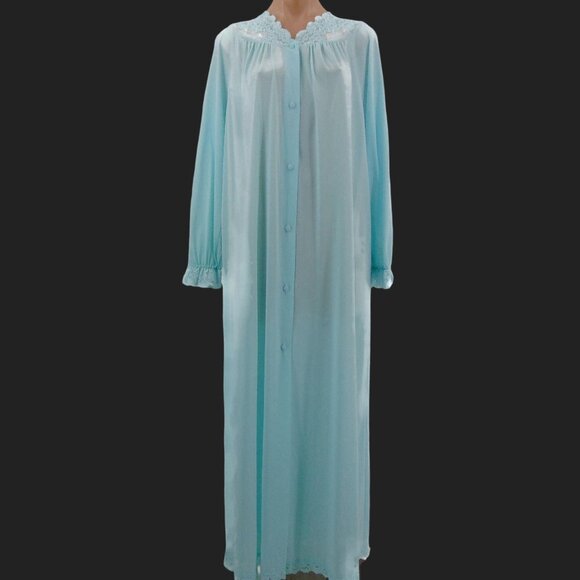 Vintage Shadowline Green Nylon Long Robe M Lace Embroidered Yoke Button Front - Picture 1 of 13